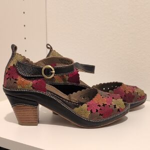 Spring Step Women's Heels with Floral Design - Red and Brown